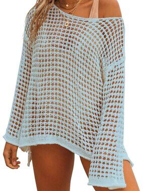 Women's light Blue Crochet For Sexy Hollow Out Up Knit Summer Outfits Swim Cover